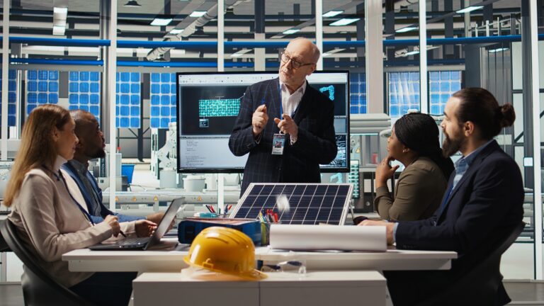 Businessmen in photovoltaics factory doing financial investments in sustainable manufacturing sector. Executives meet to discuss automation strategies for solar panel production scaling, camera A